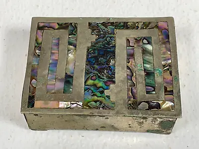 VTG Abalone Mother Of Pearl Inlay & Alpaca Silver Footed Trinket Jewelry Box • $95