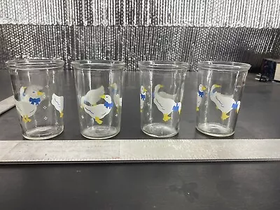 BAMA Jelly Jar White Ducks Geese Blue Bows Juice Glasses Vintage 4  Tall Set Of • $12