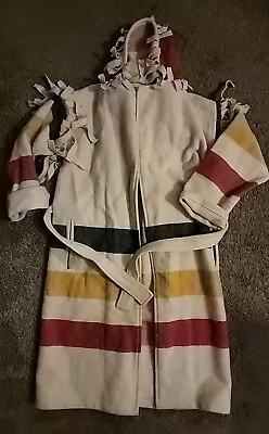 Vintage RARE Woolrich Hudson Bay Stripe Capote Fringe Blanket Coat Pointy Hood M • $115