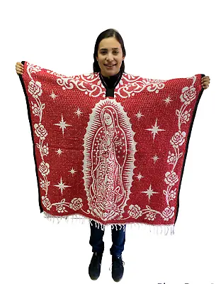 Mexican Poncho virgen De Guadalupe  Blanket Sarape  One Size  Red & White • $38