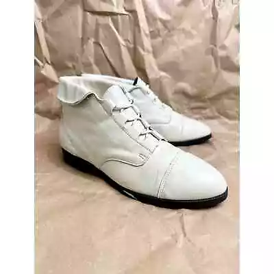 Vintage 90s White Leather Lace Up Granny Boots Almond Monochrome Ankle Booties • $65