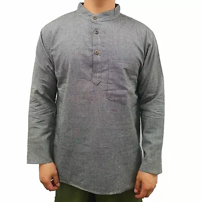 Mens Grey Kurta Long Sleeve Shirt Indian Clothing Nepal Plain Ethnic Hippie Boho • $35.95