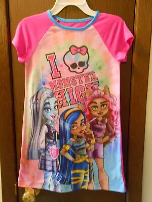 Girls Monster High Short Sleeve Pink Multi-color Graphics Nightgown Size 8 • $1.49