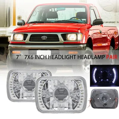 Pair 7x6 Inch Glass Lens White LED Halo Projector Chrome H4 Headlights Headlamp • $25.99