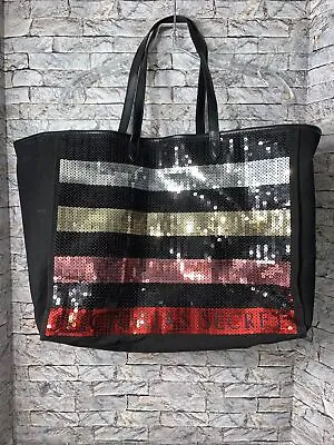 Victoria's Secret Black Sequin Stripe Weekender Bag Getaway Carry On Large • $12