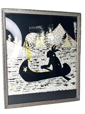 Vintage Reverse Glass Painting Foil Art Silhouette Native Indian Canoe Man • $49.99