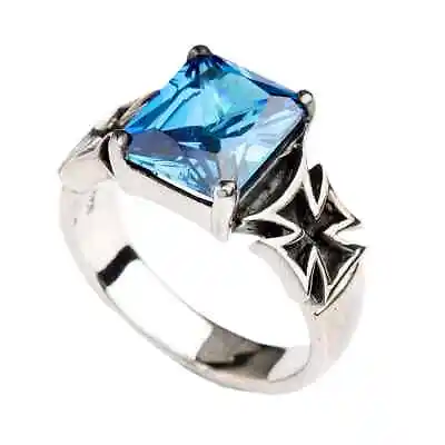 Blue Stone Maltese Iron Cross 925 Sterling Silver Ring Mens Biker Chopper • $55