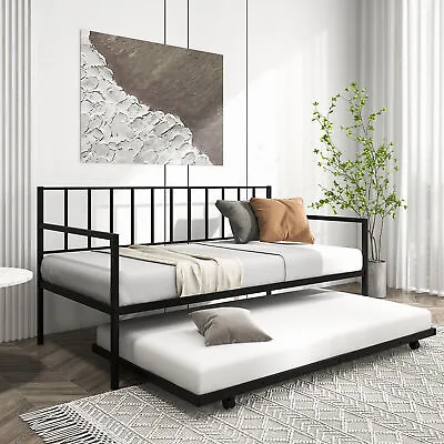 Twin Metal Daybed Sofa Bed With Trundle & Lockable Casters For Living Room • $158