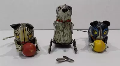 Vintage Lot Of 3 Marx Tin Litho Wind Up Toys-W/ 1 Key-Black & Gray Cat Flipo Dog • $59.99