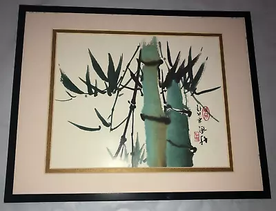 Asian Ink Watercolor Framed Art Print PAIR BAMBOO FENG SHUI LOVE Blue Green VTG • $39.99