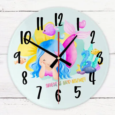 Personalised Glass Wall Clock MER-MAZING MERMAID Girls Baby Nursery Gift • £17.50