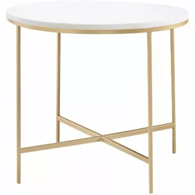 Coaster Round Marble Top End Table With X-Cross Base In White • $244.99