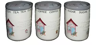 Beach Hut Design Ceramic Tea Sugar Coffee Storage Jars -Set Of 3 Canisters With • £29.69