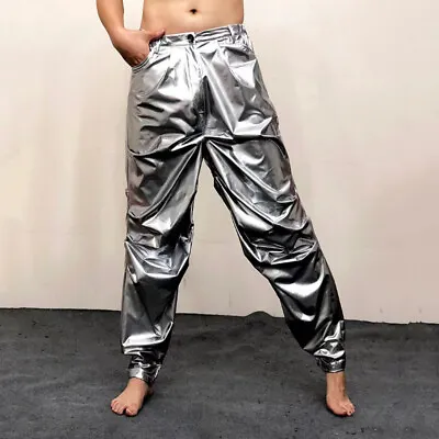 Mens Faux Leather Metallic Pants Shiny Trousers Wet Look Pocket Punk Hippy Style • $53.86