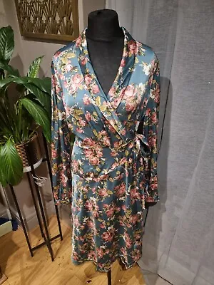 Boohoo Teal Blue Floral Wrap Belted Vintage Style Satin Midi Dress - Sz 18 - NWT • $18.94