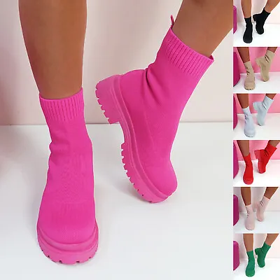 £22.99 • Buy Womens Knit Ankle Boots Slip On Platform Ladies Women Shoes Size