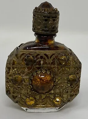 Antique  Vintage Czech Ornate Glass  Amber Filigree Perfume Bottle Miniature • $120