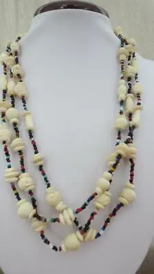 £14.99 • Buy Vintage Tribal Style Triple Strand Cow Bone & Micro Glass Bead 22  Necklace