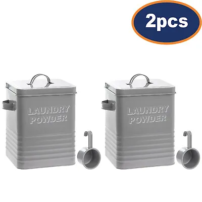2Pcs Grey Laundry Powder Storage Tin Metal Minimalist Container With Scoop & Lid • £31.95