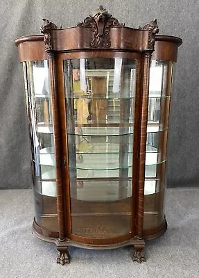 Monumental Tiger Oak Carved Bow-Glass China Cabinet With Lions & Claw Feet • $1695