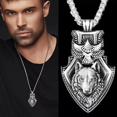 Punk Animal Wolf Jewelry Gift For Men - 1pc Men's Eagle Wolf Shield Necklace No • $10