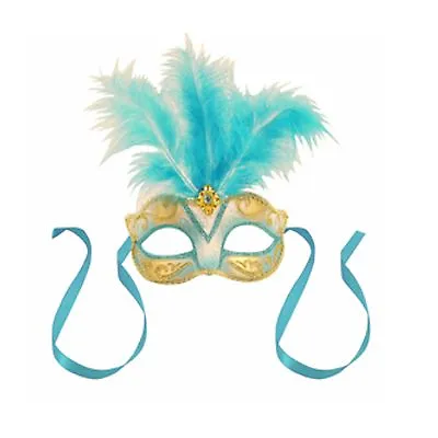 Blue Centre Feather Mask Venetian New Years Eve Masquerade Ball Face Party Mask • £7.95