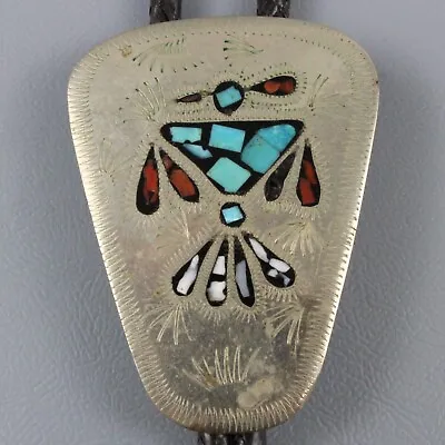Bolo Tie VTG 60s Thunderbird SW Pueblo Peoples Navajo Zuni Bennet Clasp Leather • $144.95