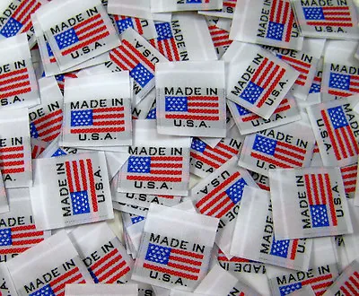 250 Pcs WHITE WOVEN GARMENT SEWING LABELS AMERICAN FLAG MADE IN U.S.A.  • $19.99