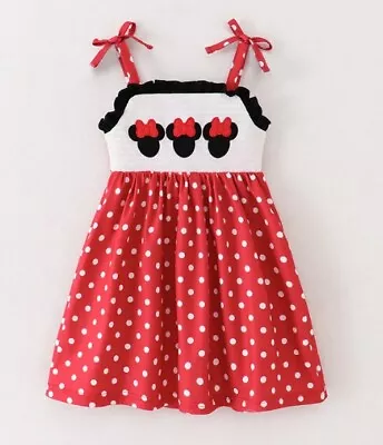 NEW Boutique Minnie Mouse Girls Embroidered Smocked Red Polka Dot Dress • $16.99