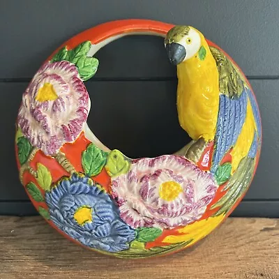 Vintage Ceramic Majolica Parrot Bird Wall Pocket Hanging Vase Planter Japan Art  • $46