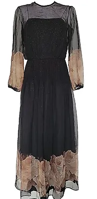 Vintage 80s Miss Elliette Chiffon Black Beige Floral Puff Sleeve Long Dress Sz 4 • $30