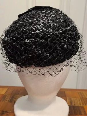 VTG 50's Classic Chic Black Pill Box Hat Bow Straw Netting  Mourning ROCKABILLY  • $29