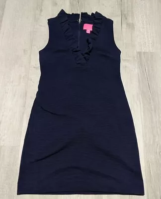 Lilly Pulitzer Tisbury Shift Dress Navy Blue Ruffle Neck Womens Size Small • $39.99