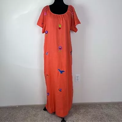 Vintage Maxi Dress Embroidered Mexican Peasant Boho Orange Extra Large • £58.86