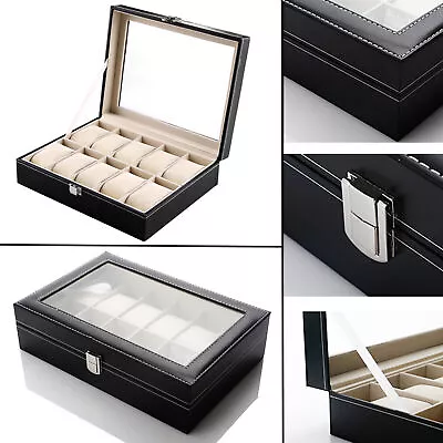 Watch Box For Mens Luxury Display Case Organizer Jewelry Storage Holder 10 Slots • £10.99