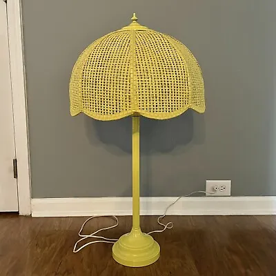 RARE VTG 1960/70s Yellow Enameled Metal Table Lamp Wicker Shade WORKING 34” Tall • $179.99