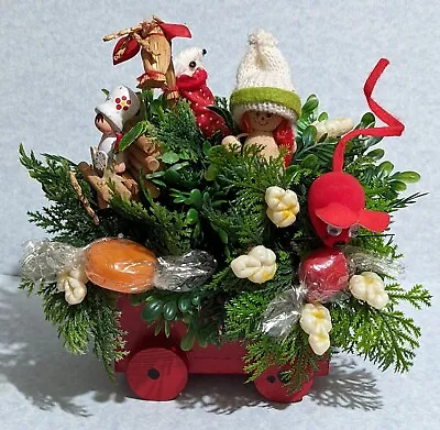 Vntg Kitsch Christmas Handmade Plastic Floral Table Centerpiece Wood Cart Candy  • $18