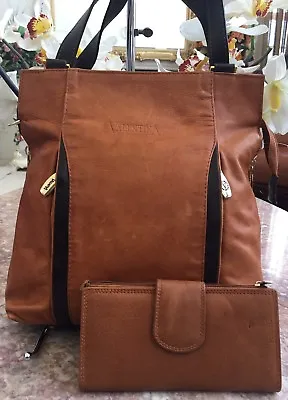 $110.49 • Buy Valentina Brown Leather Tote Shoulder Bag Made In Italy + Vera Pelle Wallet EUC!