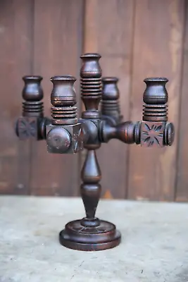 Antique Carved Wood Candleabra Candlestick Holder Stand Mission Oak Vintage • $84.49