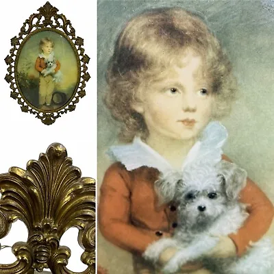 🌟Vintage Ornate Oval Metal Glazed Framed Print Of Master Simpson Boy With Dog • $46.86