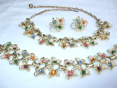 Vtg Gold Tone Leaf Necklace~MultiColor RS Necklace/Bracelet/Earring Demi/Set • $15.99