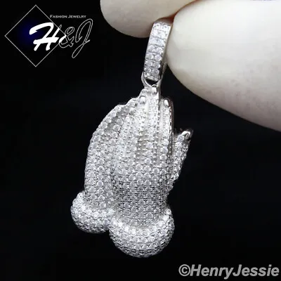 Men Women Solid 925 Sterling Silver Icy Bling Cz 3d Praying Hands Pendant*s86 • $39.99