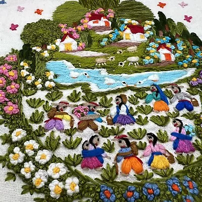 Mexican Folk Art Embroidered Cotton Fabric W/ Fringe Colorful Village Scene • $24.50