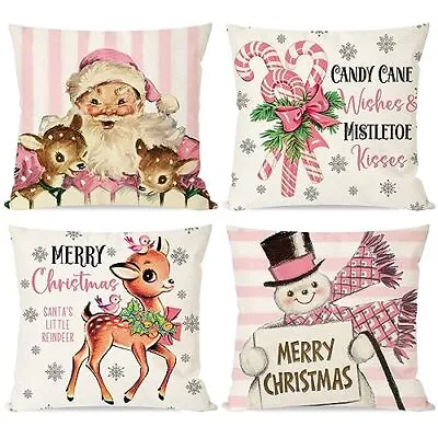 $38.92 • Buy PANDICORN Christmas Pillow Covers 18x18 Set Of 4 Vintage Pink Santa Reindeer ...