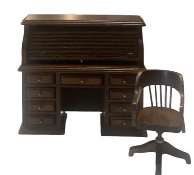 Vintage Miniature 1:12 Dollhouse Oak Wood Roll Top Desk Drawers & Swivel Chair • $64.95