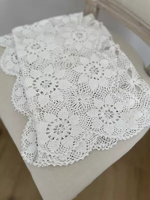 Vintage Crochet Tablecloth Topper Lace Flower Pattern Square 82x82 Cm White • $24.95