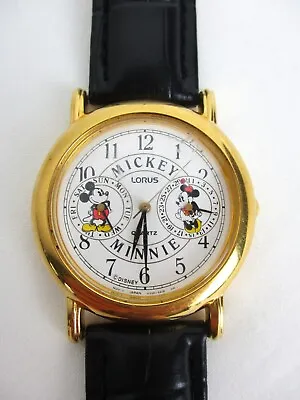 Vintage MICKEY And MINNIE MOUSE LORUS DUAL Calendar Dress Watch FABULOUS! • $89