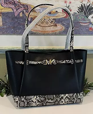 Michael Kors Reed Large Belted Tote Black Snake Leather Shoulder Bag Purse Mk • $147.99