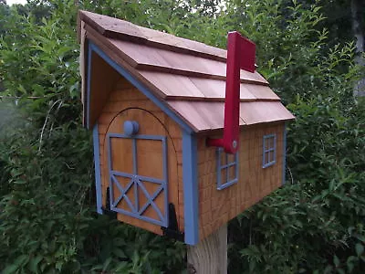 Amish Handmade Handcrafted Rural Mailbox W Flag USPS Log Cabin Lt Blue Trim • $129.99