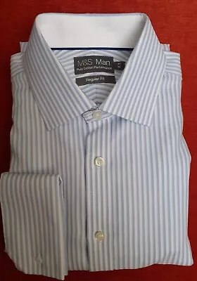 M&S MAN Formal Or Office Shirt Sz 16 Blue White Stripe Double Cuff 100% Cotton • £7.99